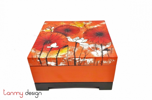 Square lacquer box with lotus hand painting